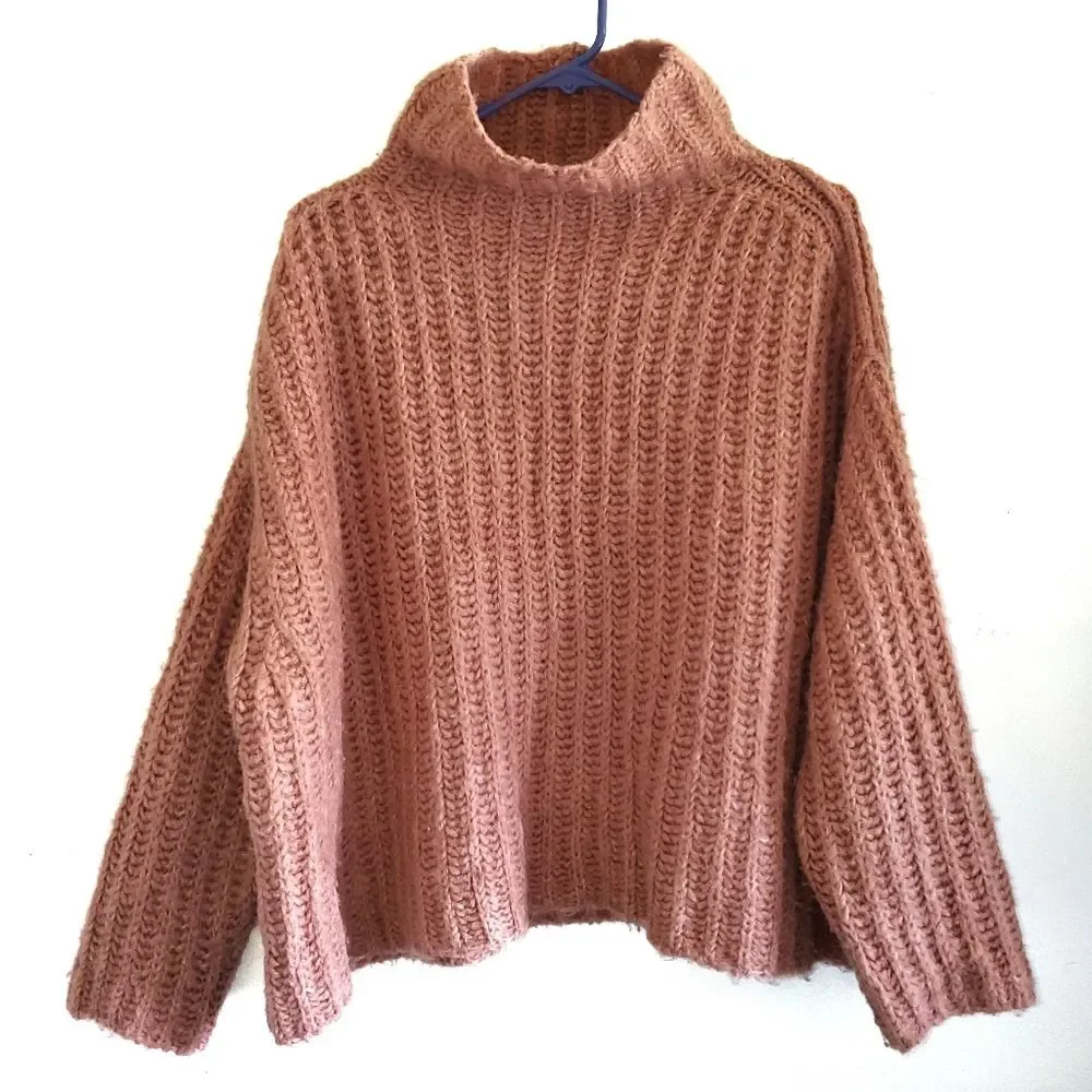 Free People Fluffy Fox Sweater Papaya Alpaca Wool Blend cowl neck chunky XS